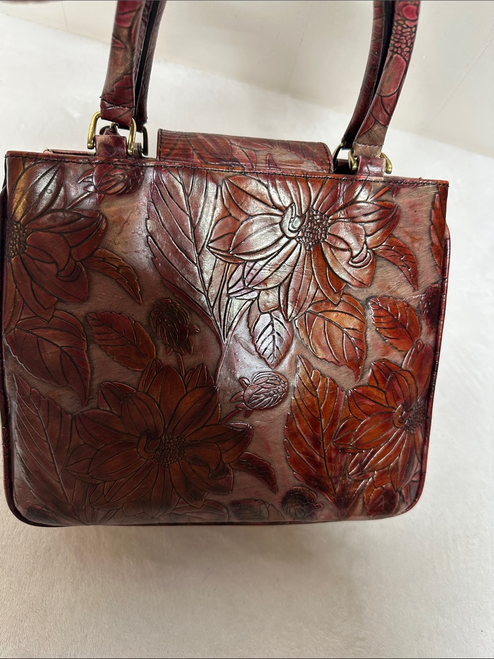 Rare vintage Embossed Brahmin Burgundy Floral Embossed Leather Satchel - Picture 3 of 13